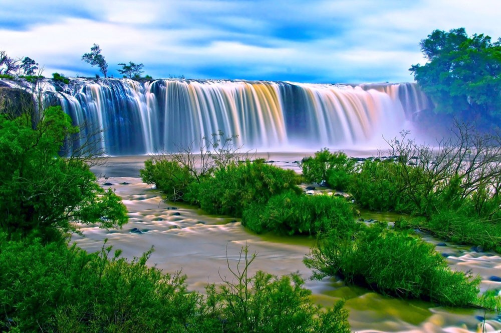 Cataratas del Niágara en Canadá con vegetación delante e iluminación multicolor en el agua